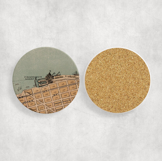 Fisherman's Wharf San Francisco Map Coasters | Set of 4 Vintage Fisherman's Wharf San Francisco Drink Coasters | Travel-Inspired Home Decor