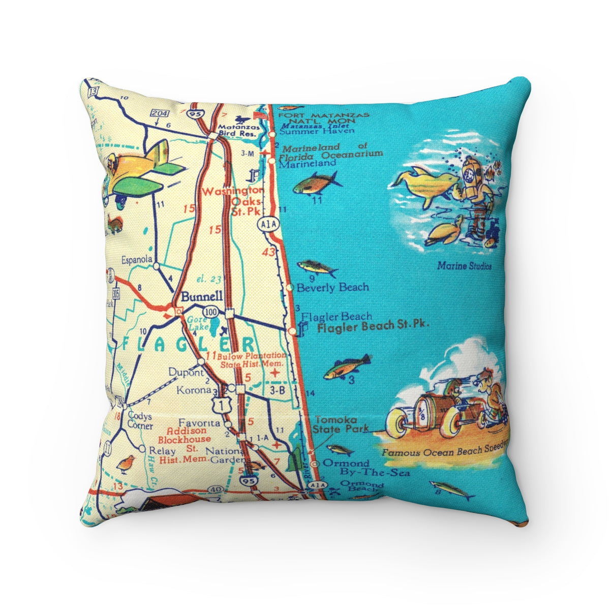 Flagler Beach Florida vintage map pillow