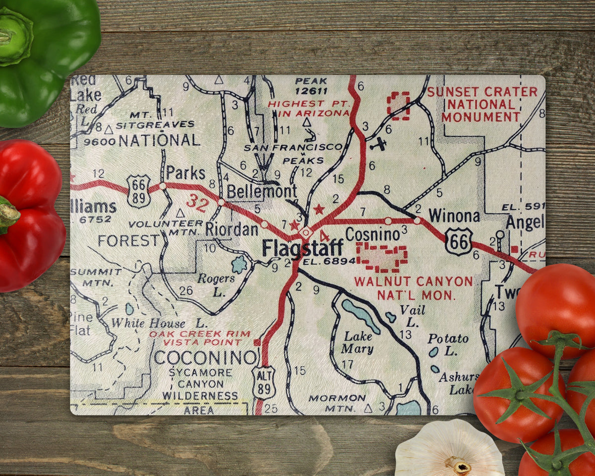 Flagstaff Arizona vintage map glass cutting board