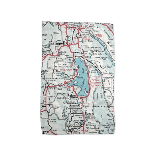 Flathead Lake Montana Map Tea Towel | Waffle-Weave Kitchen Towel Gift
