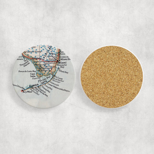 Florida Keys Map Coasters | Set of 4 Vintage Florida Keys Drink Coasters | Travel-Inspired Home Decor