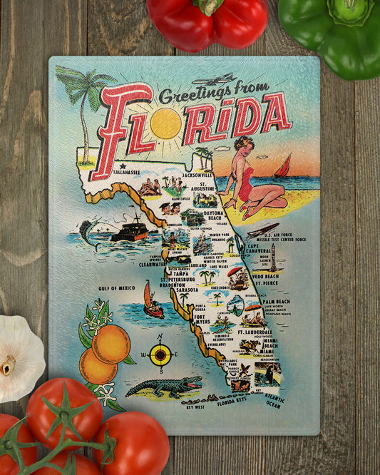 Greetings From Florida Cutting Board | Vintage Florida Postcard Kitchen Decor | Retro Travel Functional Art