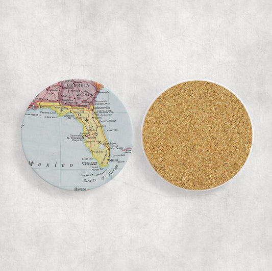 Florida Map Coasters | Set of 4 Vintage Florida Drink Coasters | Travel-Inspired Home Decor