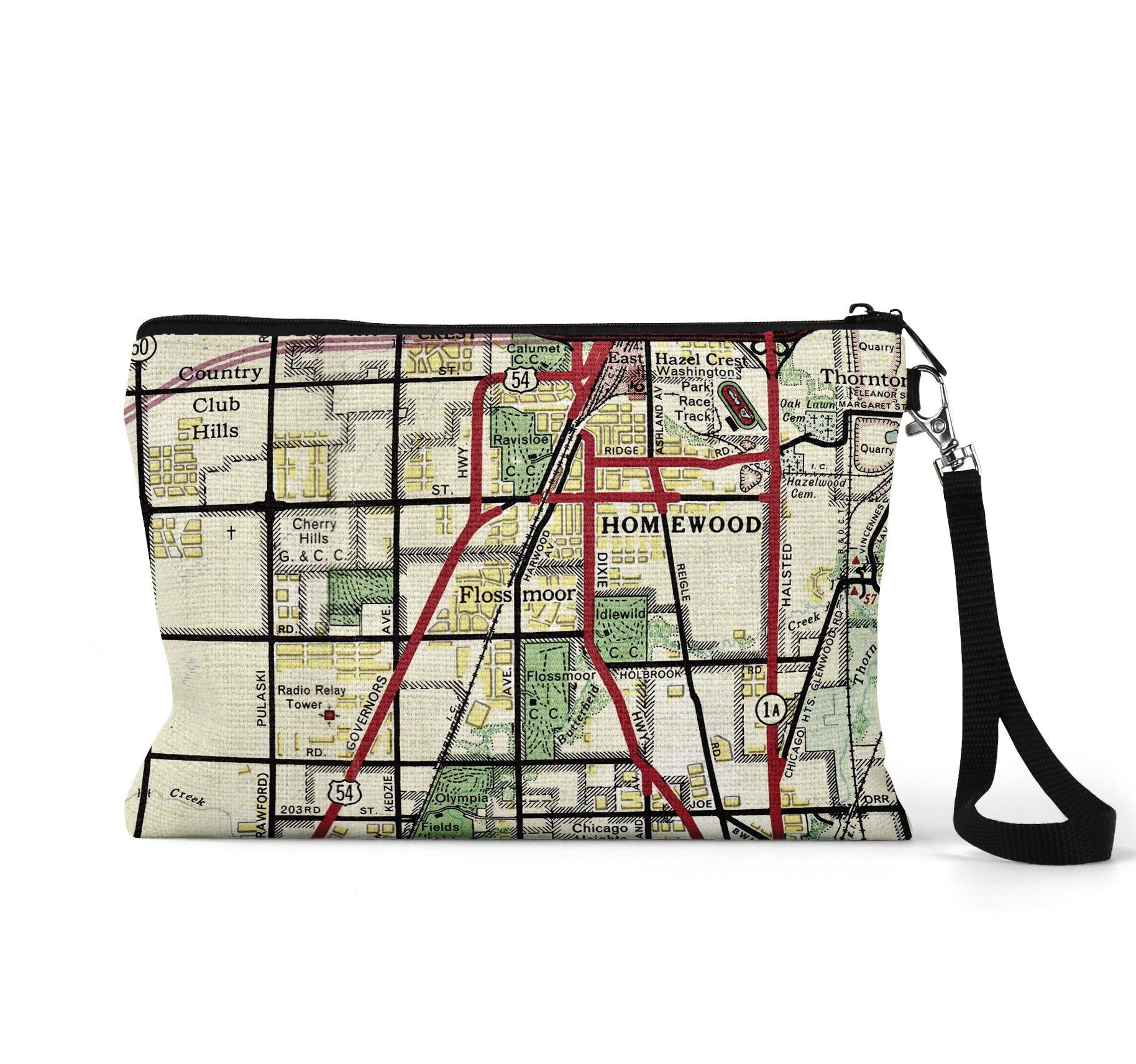 Flossmoor Illinois map wristlet travel pouch