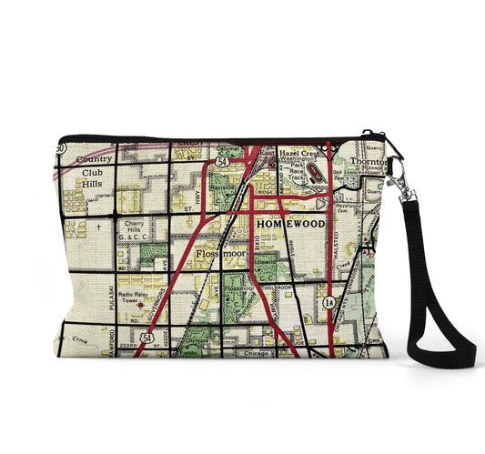 Flossmoor Illinois map wristlet travel pouch