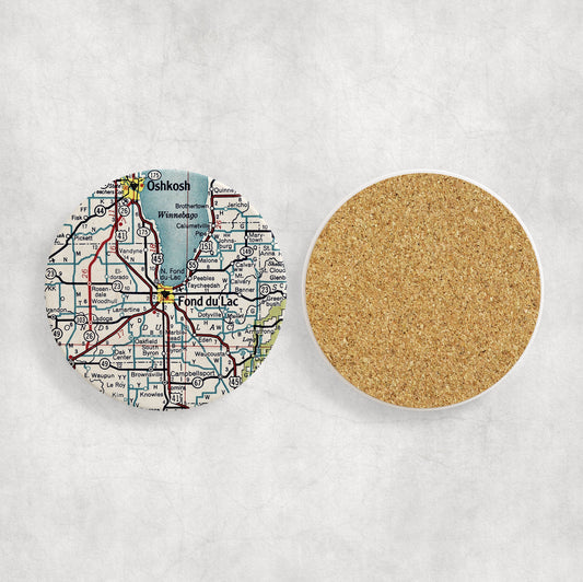 Fond Du Lac Wisconsin Map Coasters | Set of 4 Vintage Fond Du Lac Wisconsin Drink Coasters | Travel-Inspired Home Decor