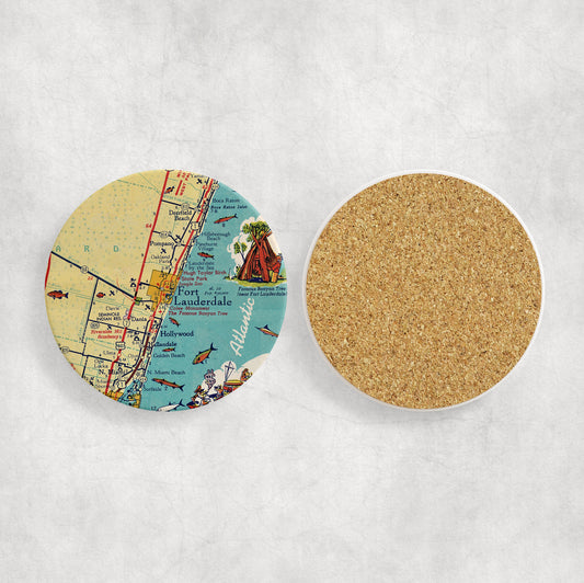 Fort Lauderdale Florida Map Coasters | Set of 4 Vintage Fort Lauderdale Florida Drink Coasters | Travel-Inspired Home Decor