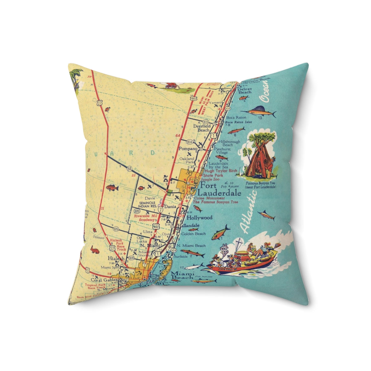 Fort Lauderdale Florida vintage map pillow
