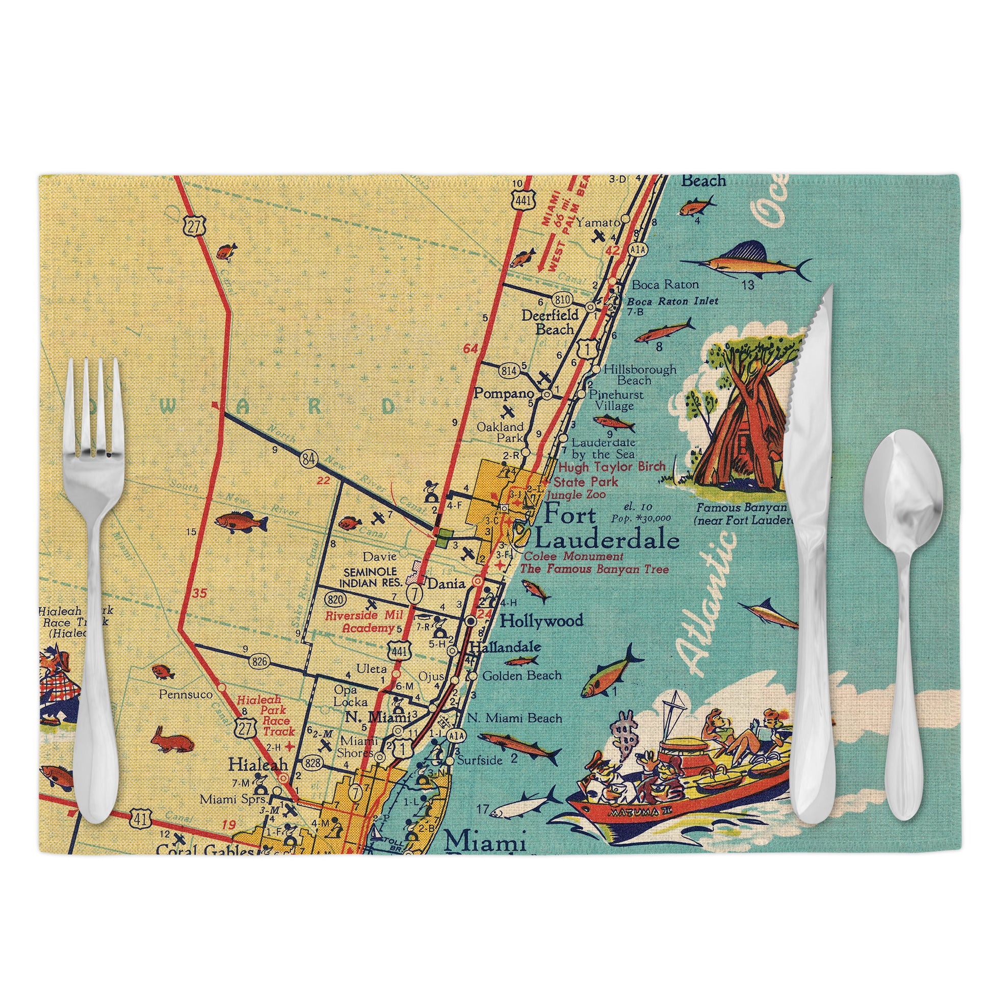 Fort Lauderdale Florida Vintage Map Placemats Set of 4