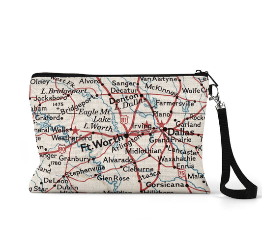 Fort Worth Texas map wristlet travel pouch