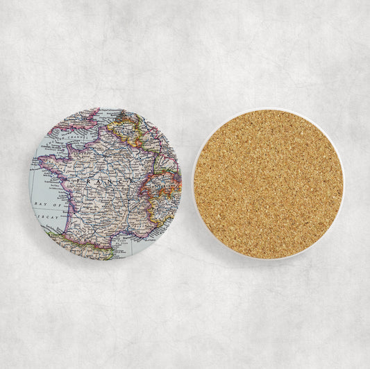 France Map Coasters | Set of 4 Vintage France Drink Coasters | Travel-Inspired Home Decor