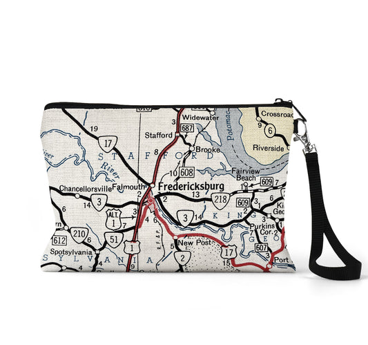 Fredericksburg Virginia map wristlet travel pouch