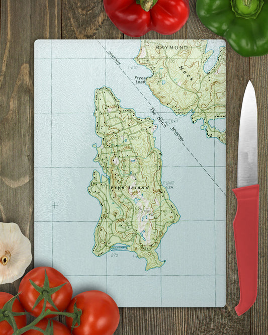 Frye Island Maine Map Cutting Board | Vintage Lake Sebago Island Kitchen Decor