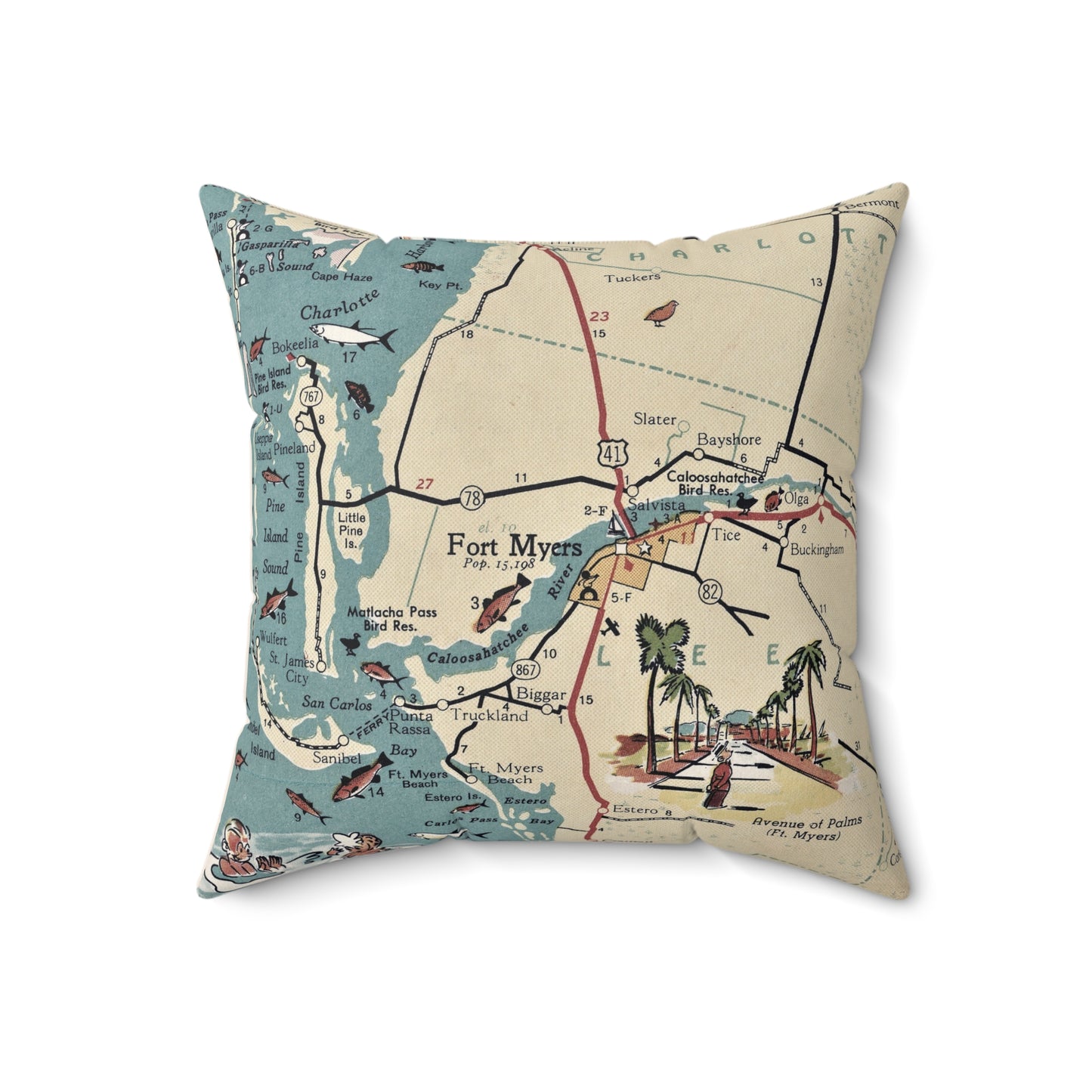 Fort Myers Florida vintage map pillow