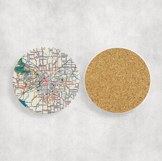 Ft Worth Texas Map Coasters | Set of 4 Vintage Ft Worth Texas Drink Coasters | Travel-Inspired Home Decor