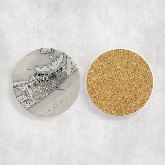 Galveston Texas Map Coasters | Set of 4 Vintage Galveston Texas Drink Coasters | Travel-Inspired Home Decor