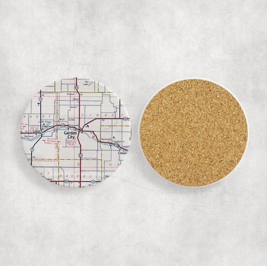 Garden City Kansas Map Coasters | Set of 4 Vintage Garden City Kansas Drink Coasters | Travel-Inspired Home Decor