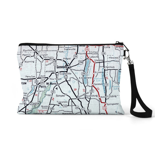 Geneseo New York map wristlet travel pouch