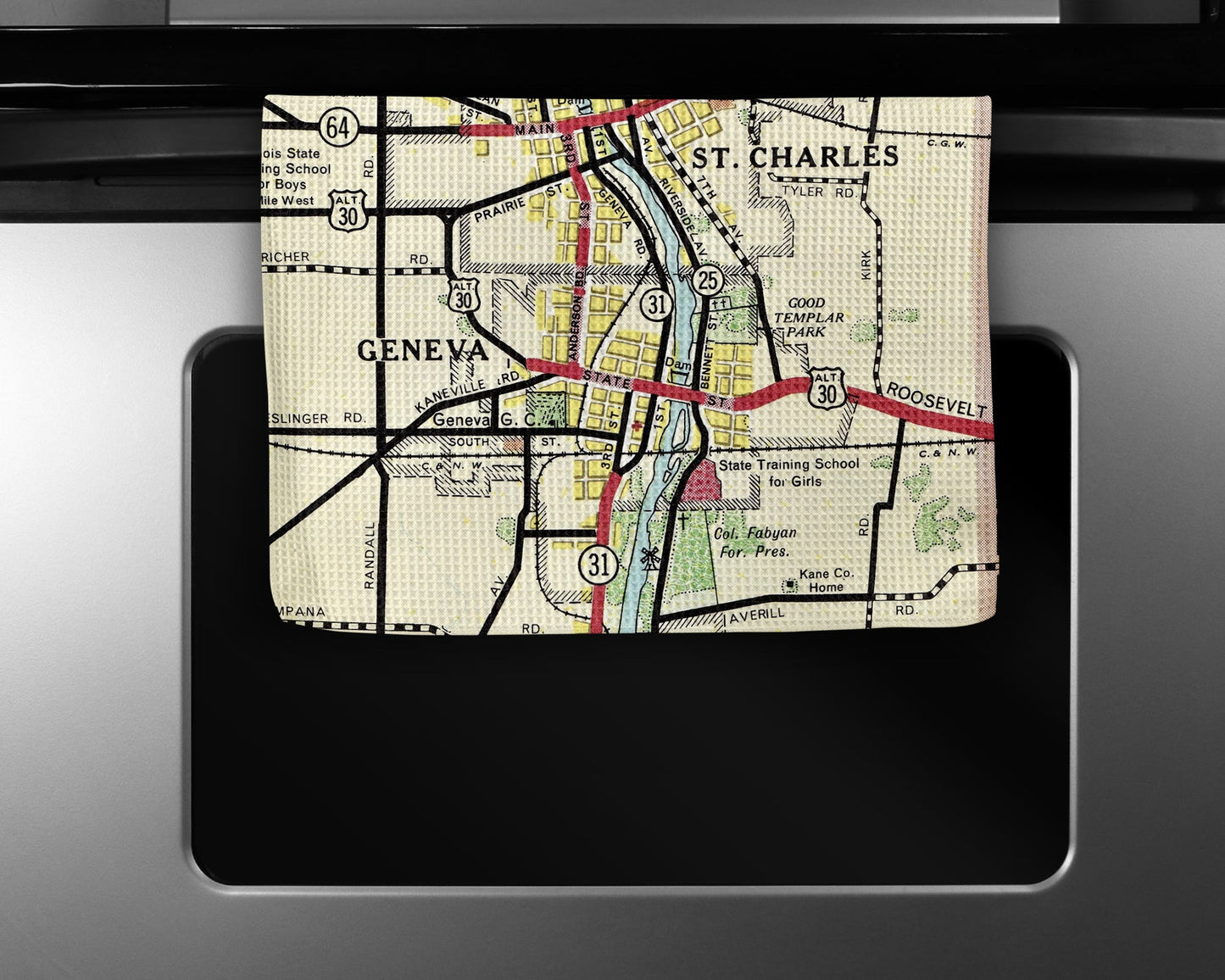 Geneva Illinois Map Tea Towel | Waffle-Weave Kitchen Towel Gift