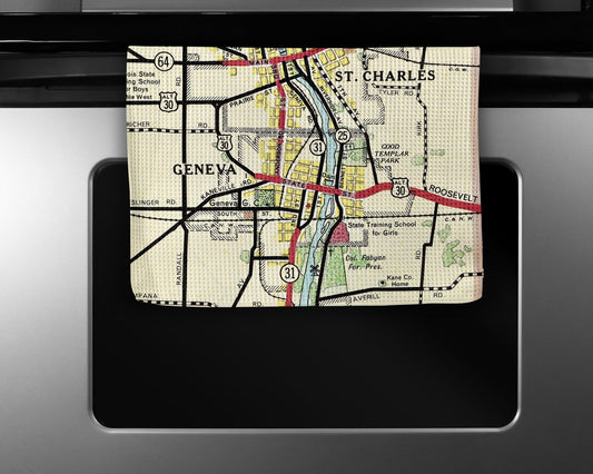 Geneva Illinois Map Tea Towel | Waffle-Weave Kitchen Towel Gift