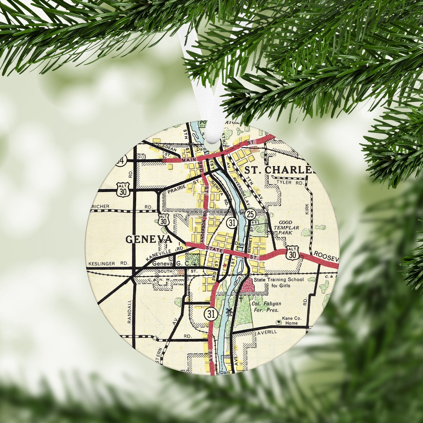 Geneva Illinois Vintage Map Ornament