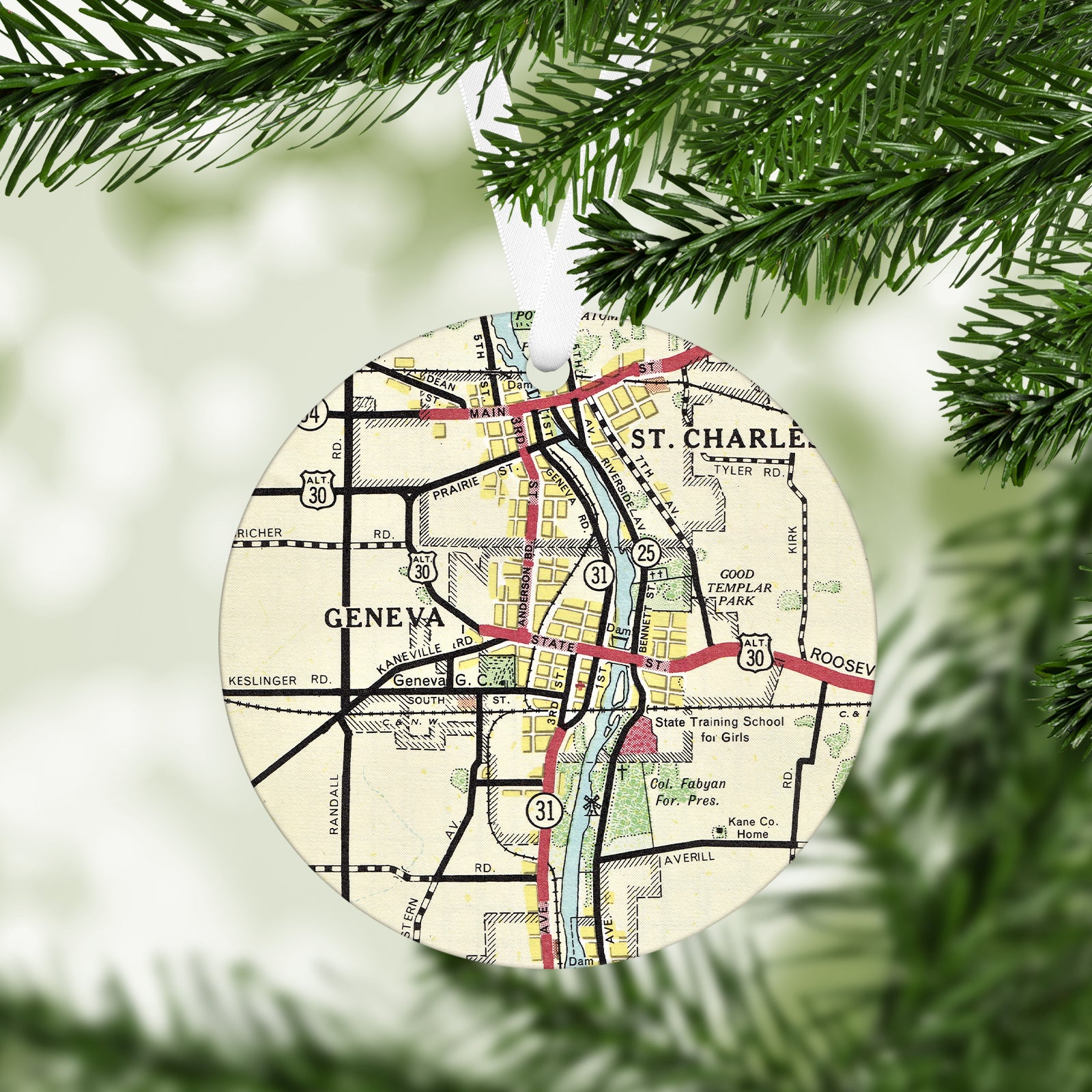 Geneva Illinois Vintage Map Ornament