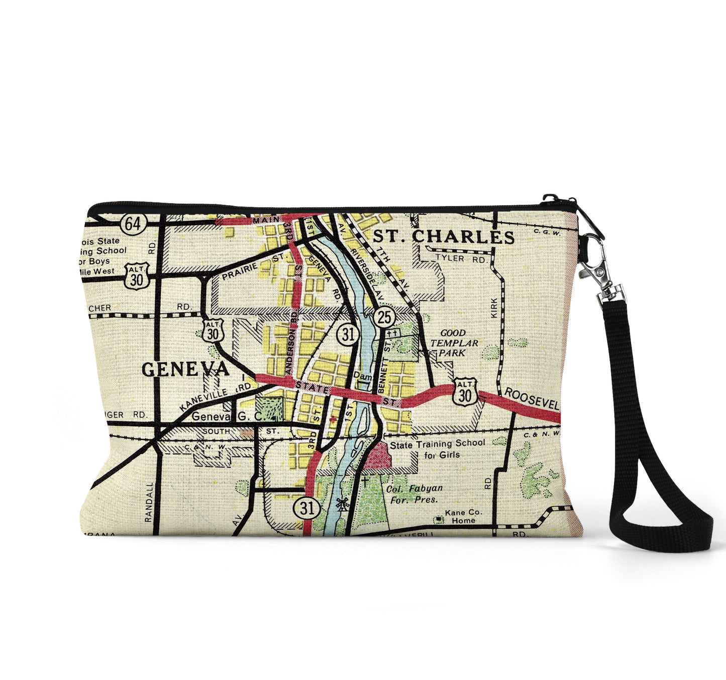 Geneva Illinois map wristlet travel pouch