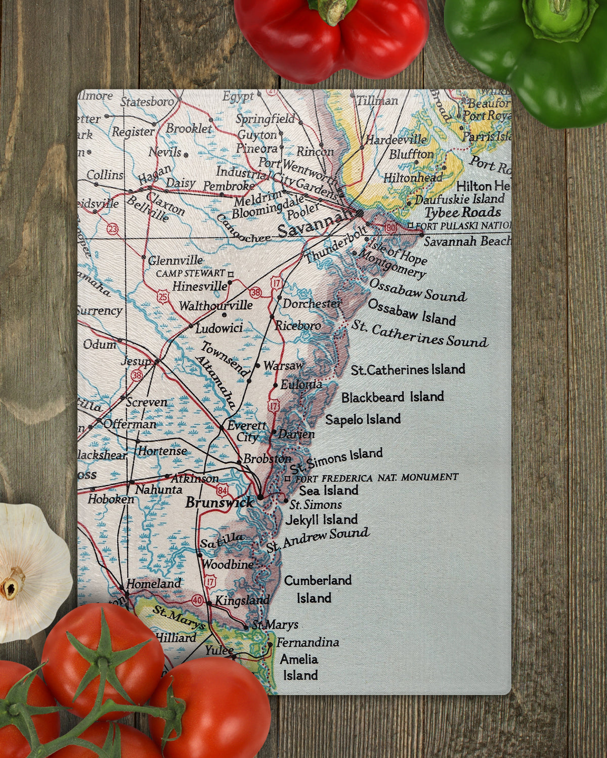 Georgia Coast vintage map glass cutting board showing Savannah, St. Simons Island, Jekyll Island and Cumberland Island