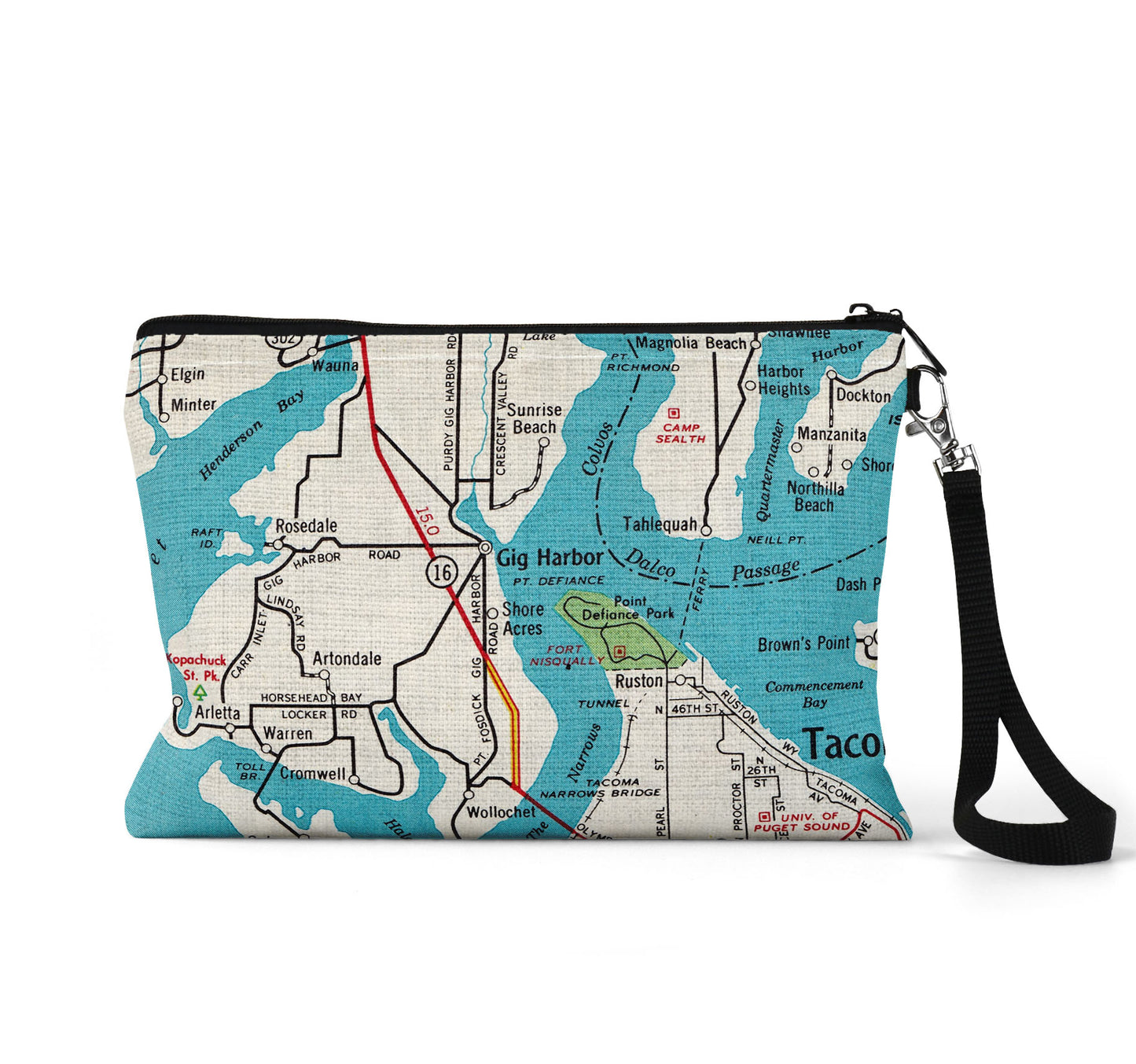 Gig Harbor Washington map wristlet travel pouch
