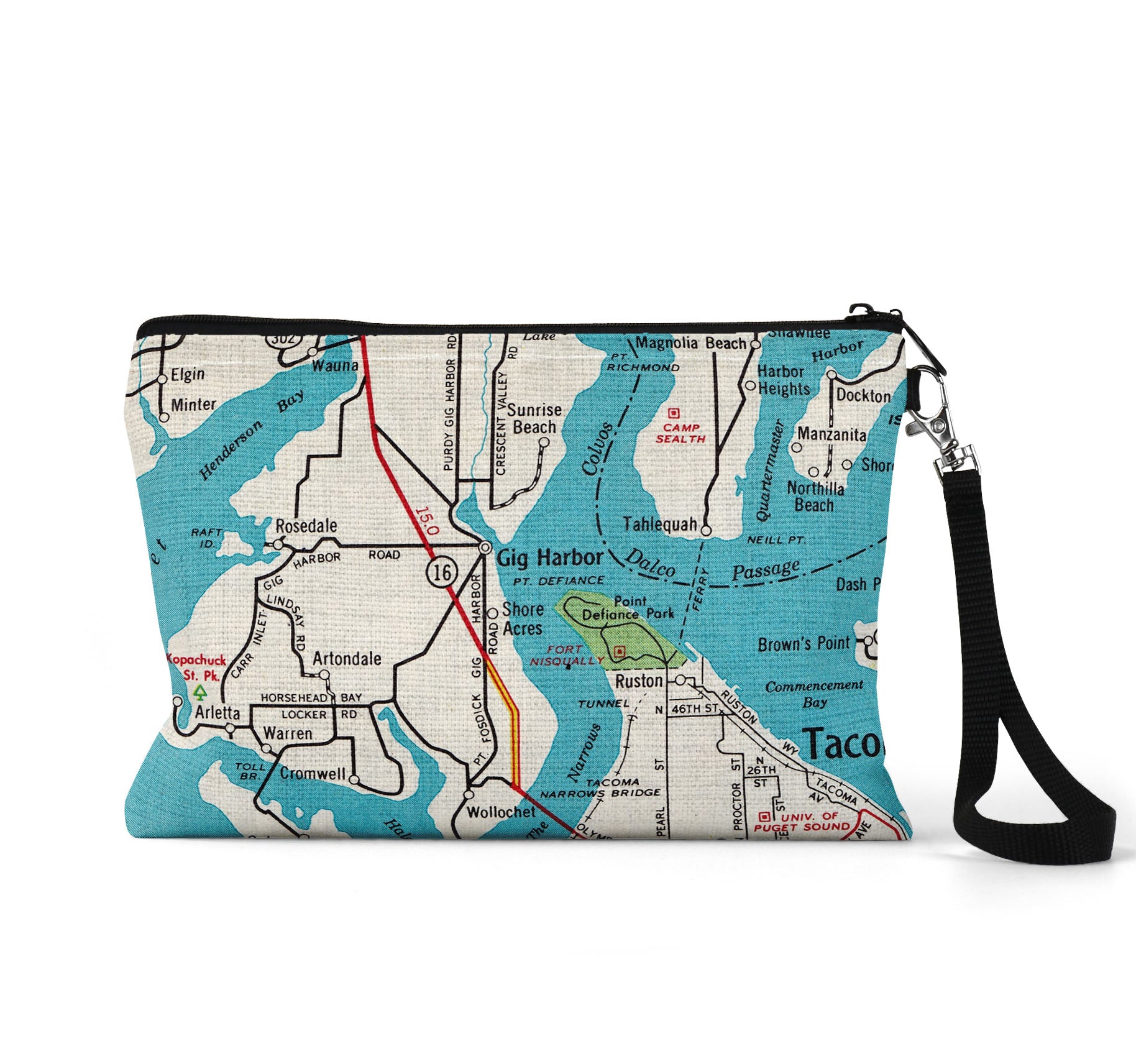 Gig Harbor Washington map wristlet travel pouch