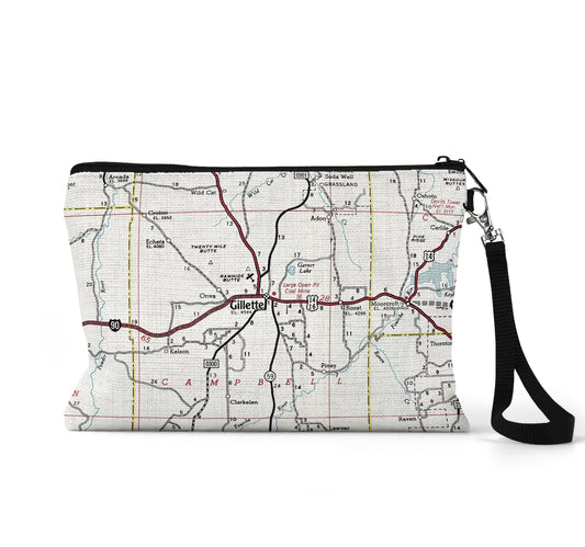 Gillette Wyoming map wristlet travel pouch