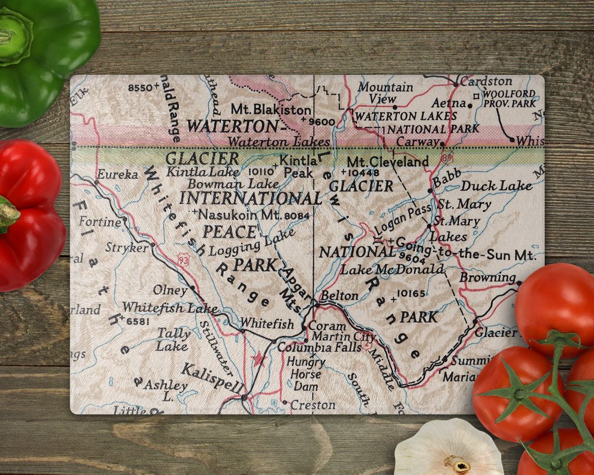 Glacier National Park Vintage Map Glass Cutting Board | National Park Gift
