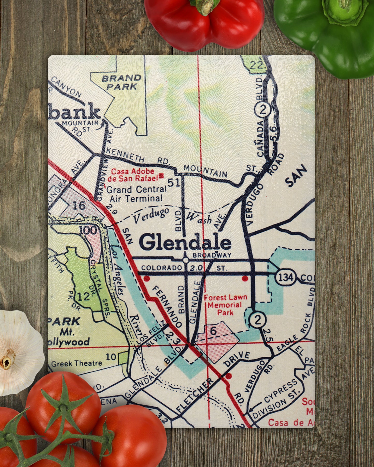 Glendale California Vintage Map Glass Cutting Board Charcuterie