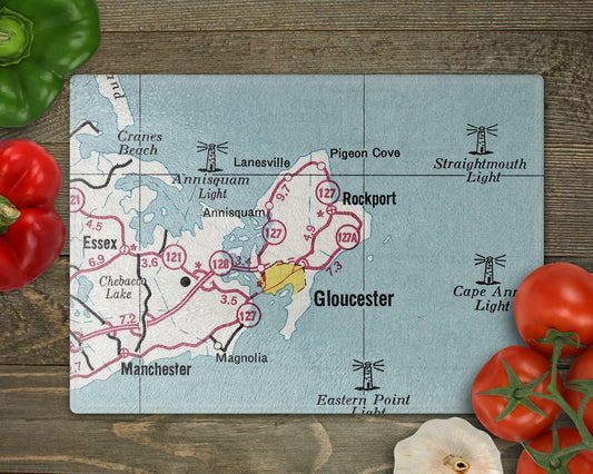Gloucester Massachusetts vintage map glass cutting board