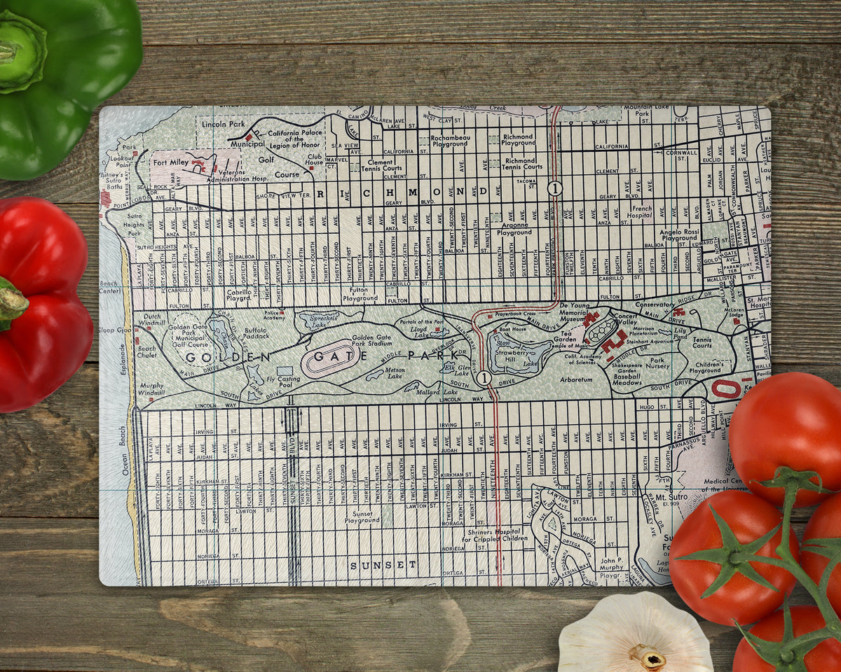 Golden Gate Park San Francisco vintage map glass cutting board