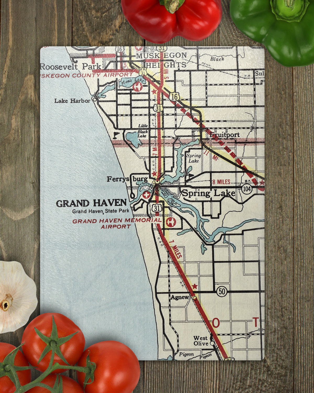 Grand Haven Michigan vintage map glass cutting board