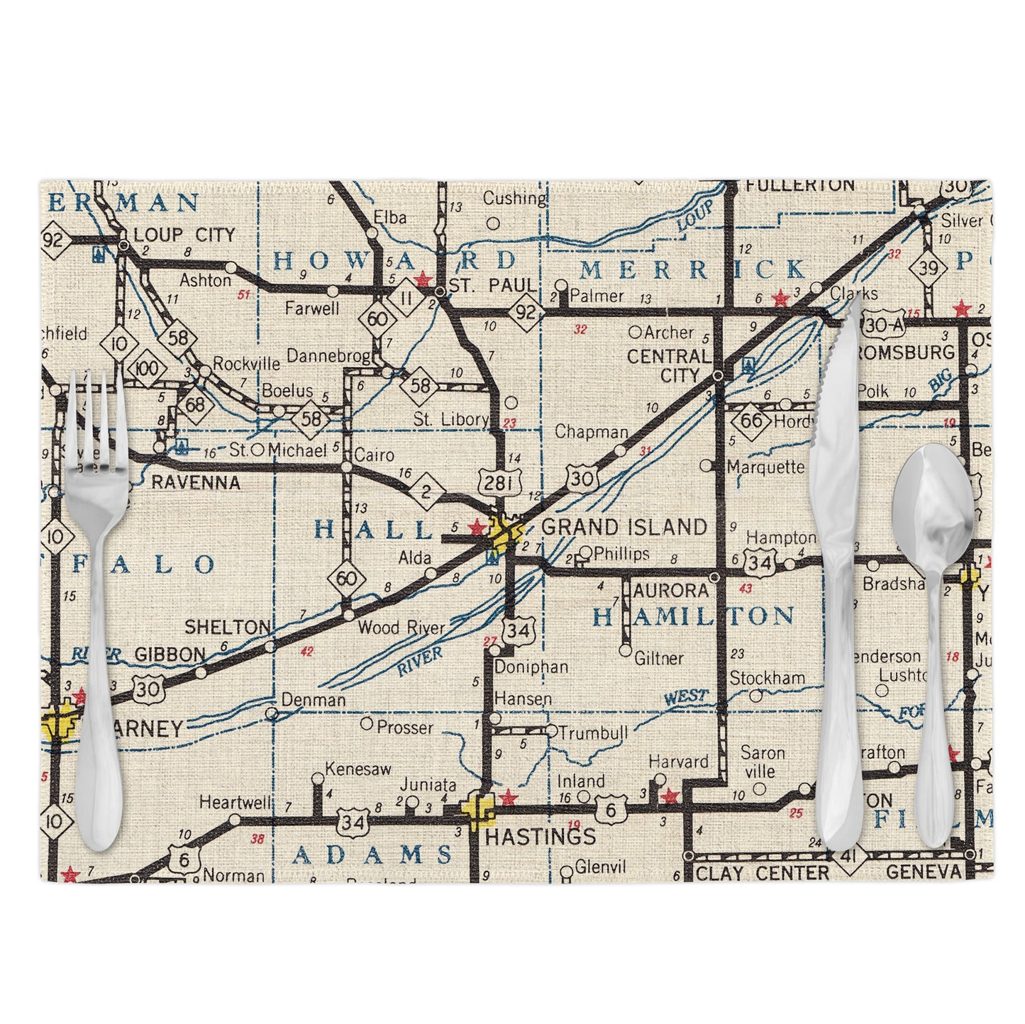 Grand Island Nebraska Vintage Map Placemats Set of 4