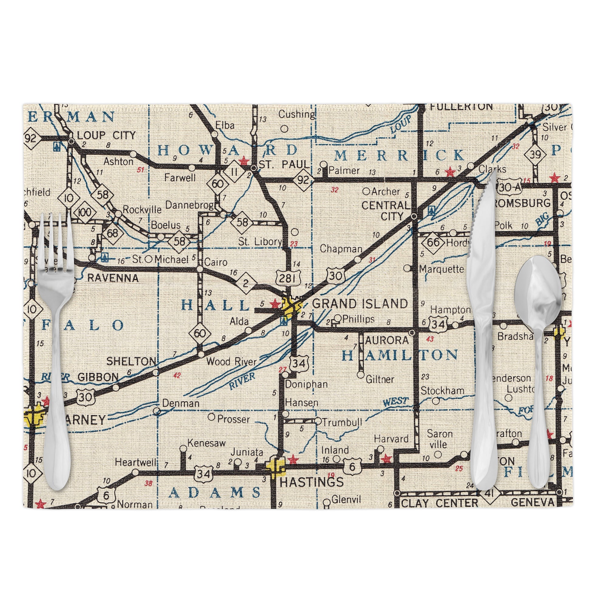 Grand Island Nebraska Vintage Map Placemats Set of 4