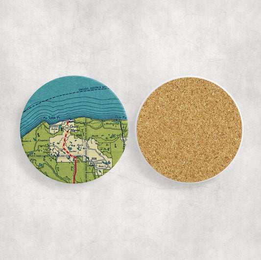 Grand Marais Michigan Map Coasters | Set of 4 Vintage Grand Marais Michigan Drink Coasters | Travel-Inspired Home Decor