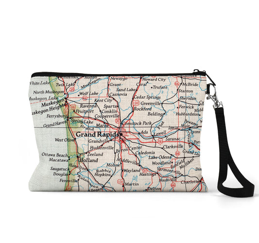 Grand Rapids Michigan map wristlet travel pouch