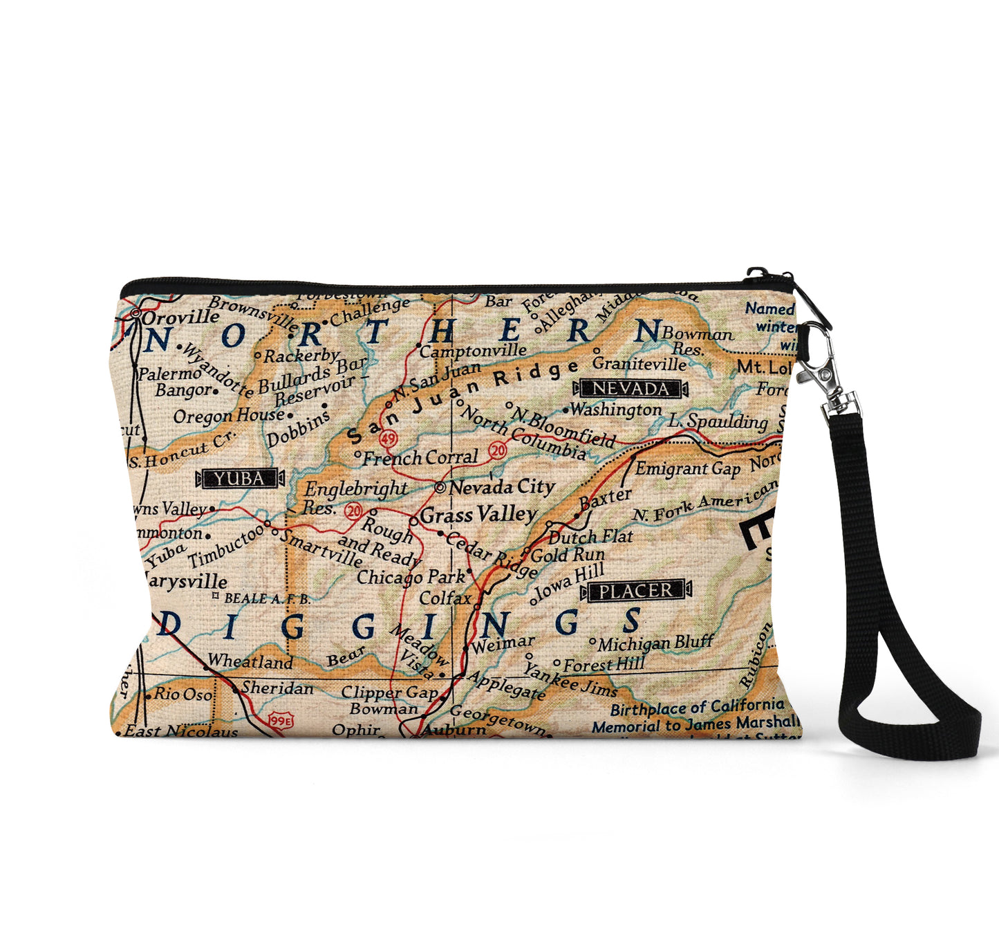 Grass Valley California map wristlet travel pouch
