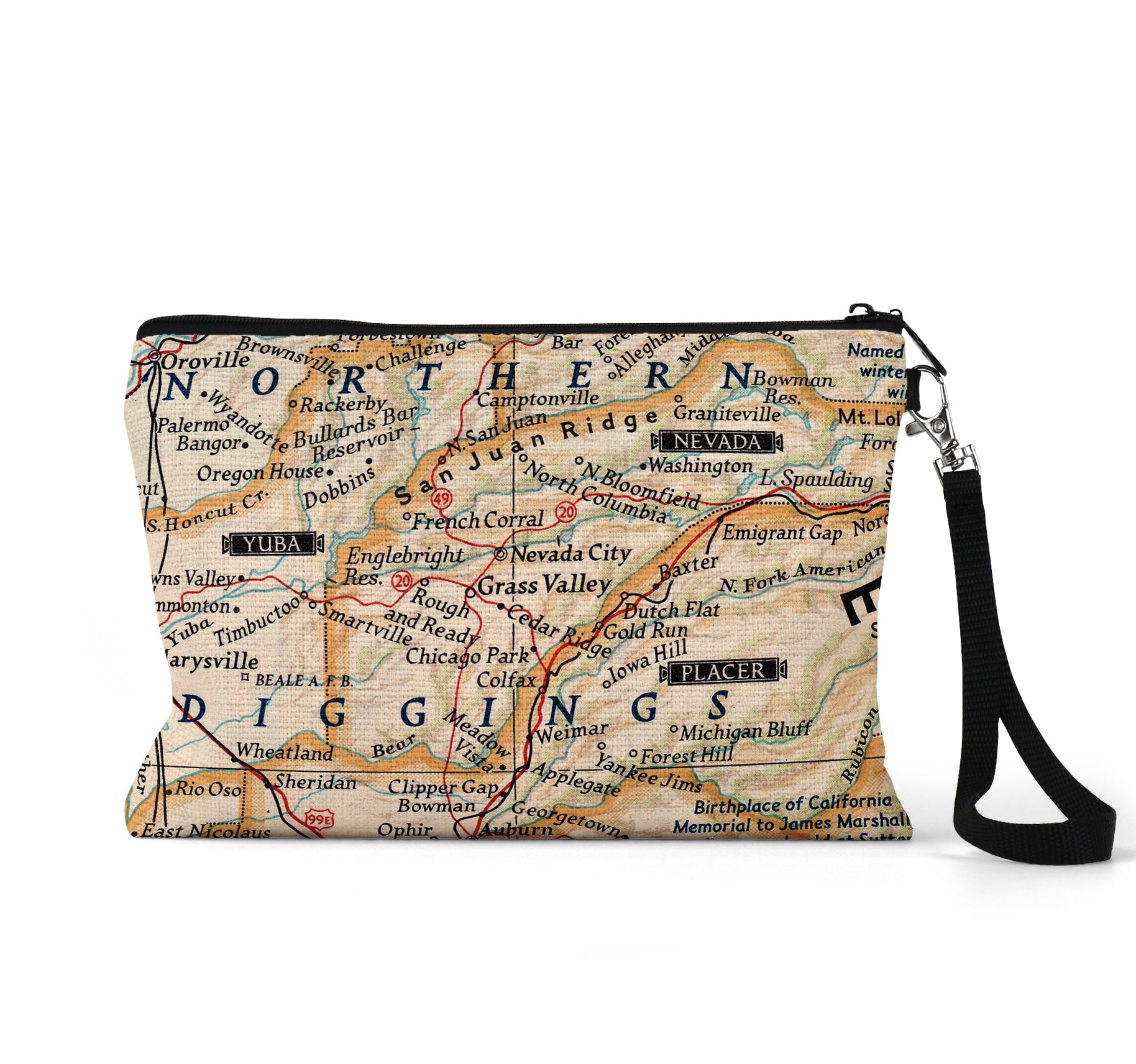 Grass Valley California map wristlet travel pouch