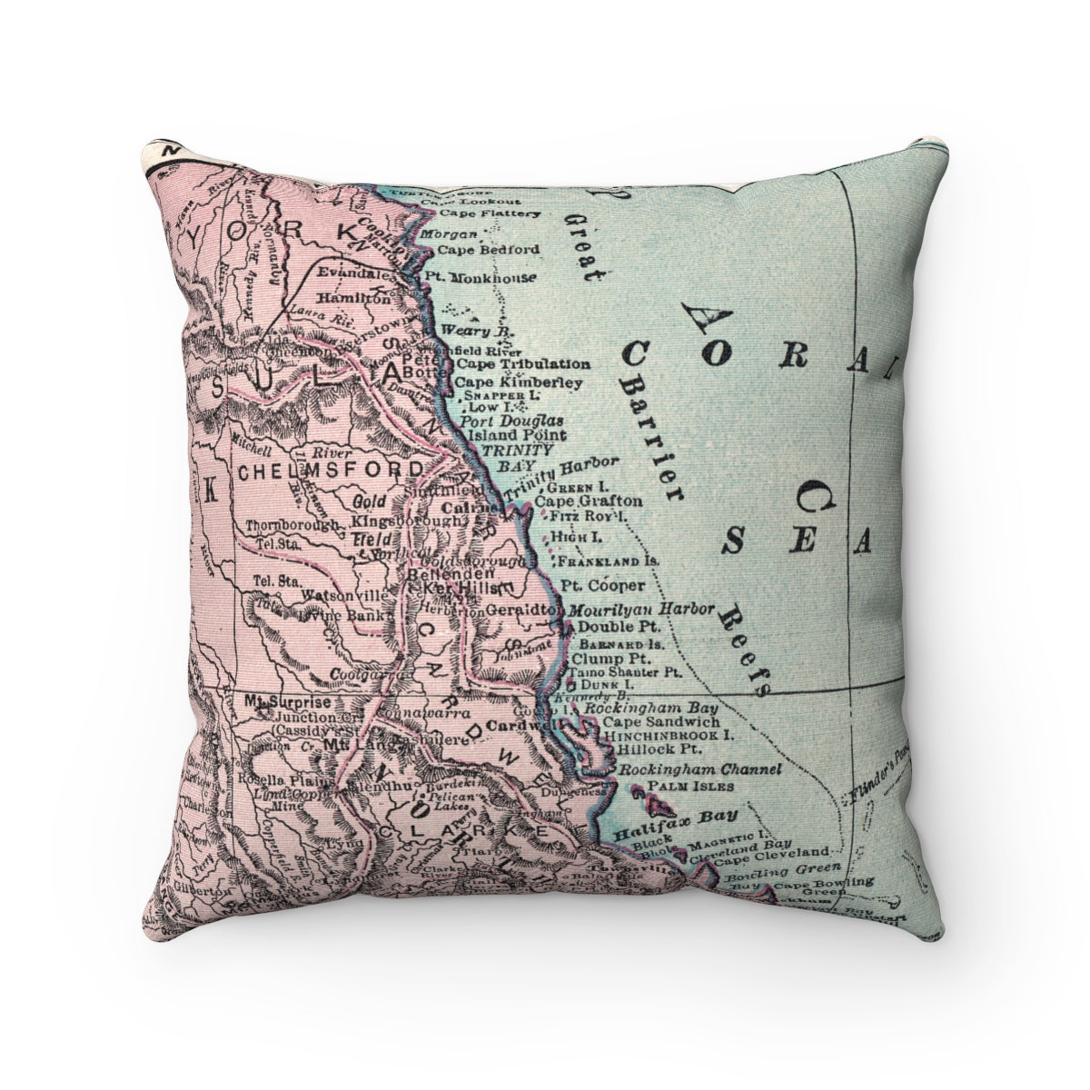 Great Barrier Reef Australia vintage map pillow