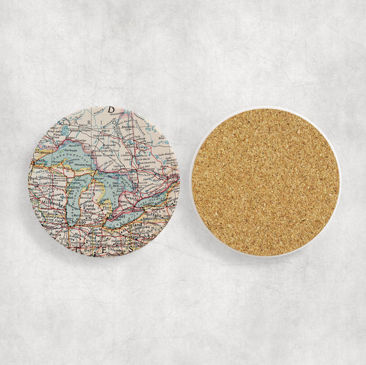 Great Lakes Map Coasters | Set of 4 Vintage Great Lakes Drink Coasters | Travel-Inspired Home Decor
