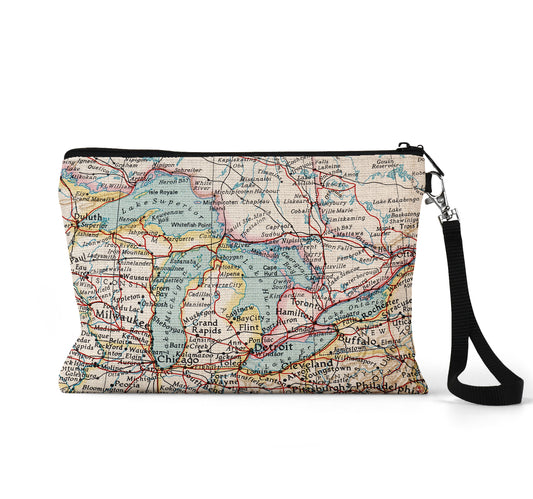 Great Lakes map wristlet travel pouch