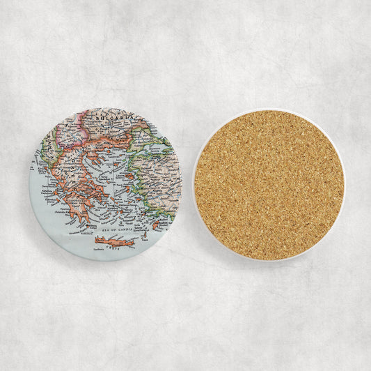Greece Map Coasters | Set of 4 Vintage Greece Drink Coasters | Travel-Inspired Home Decor