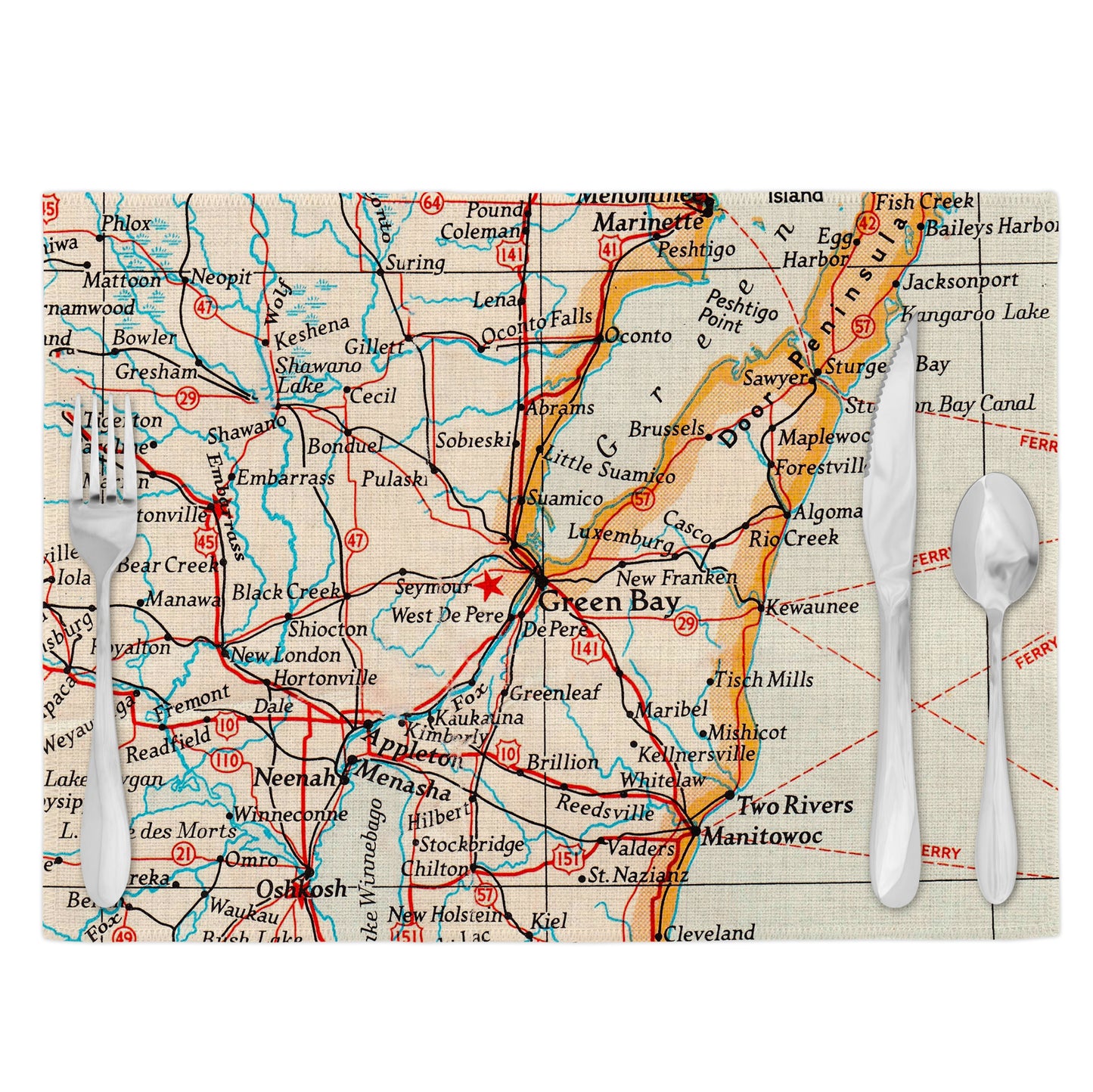 Green Bay Wisconsin Vintage Map Placemats Set of 4
