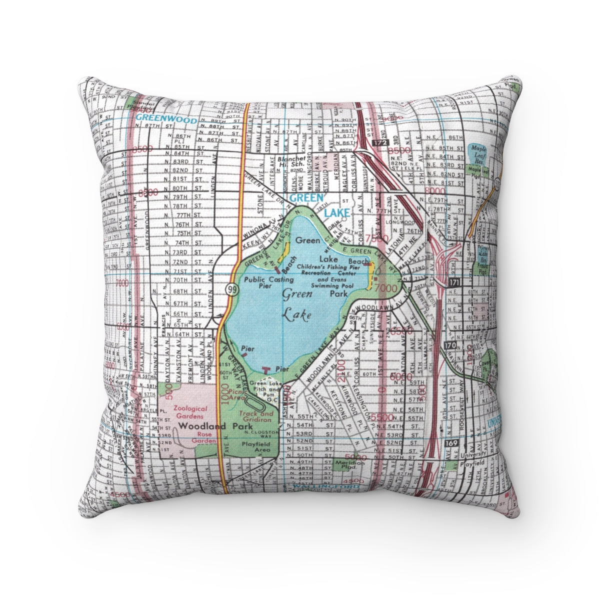 Green Lake Seattle vintage map pillow