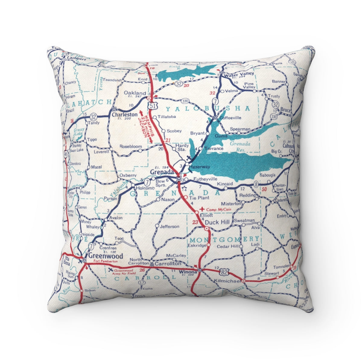 Grenada Mississippi vintage map pillow