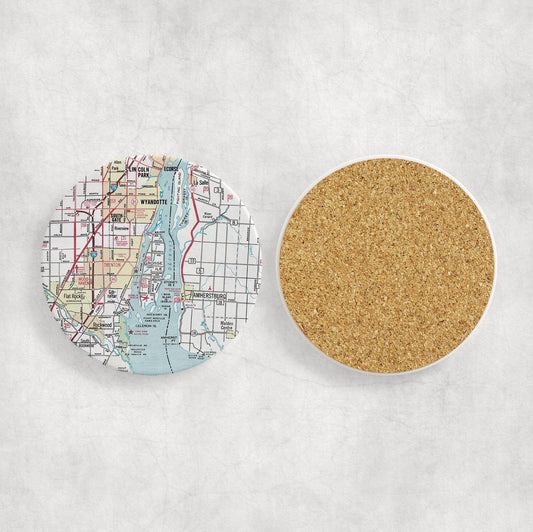 Grosse Ile Michigan vintage map ceramic coaster with cork backing
